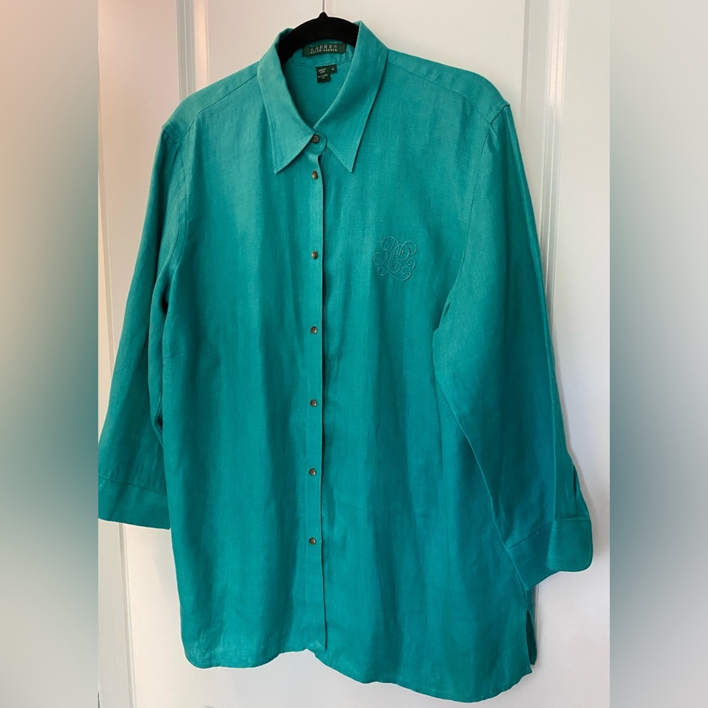 Lauren Ralph Lauren Embroidered Teal Women's Linen Button Down Shirt Size 1X - Picture 4 of 7